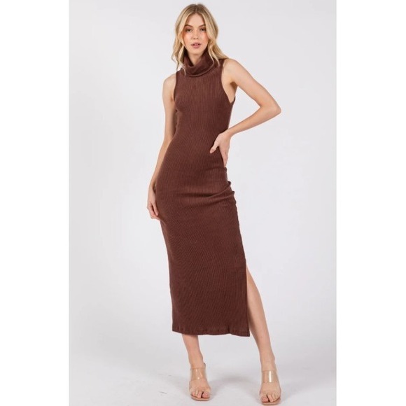 Final Touch Dresses & Skirts - Final Touch Brown Ribbed Turtleneck Sleeveless Maxi Dress Side Slit S Made USA